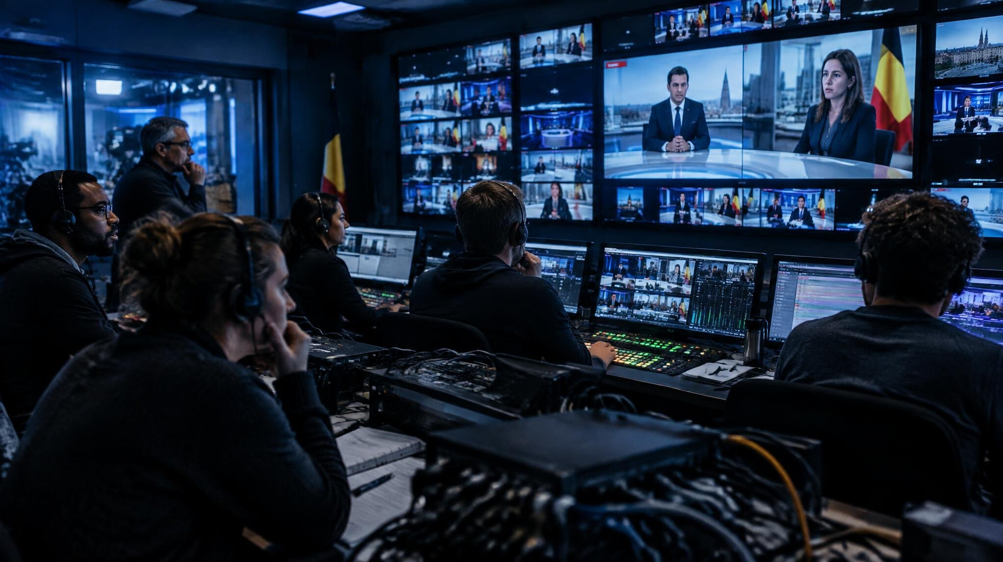 TV control room during a tense live broadcast with directors watching multiple screens